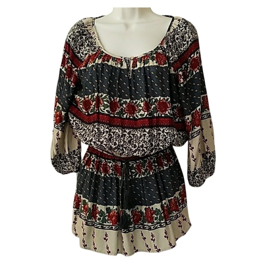 Stem & Vine Womens Multicolor Floral Paisley Patchwork Tunic Top M Boho‎ Peasant